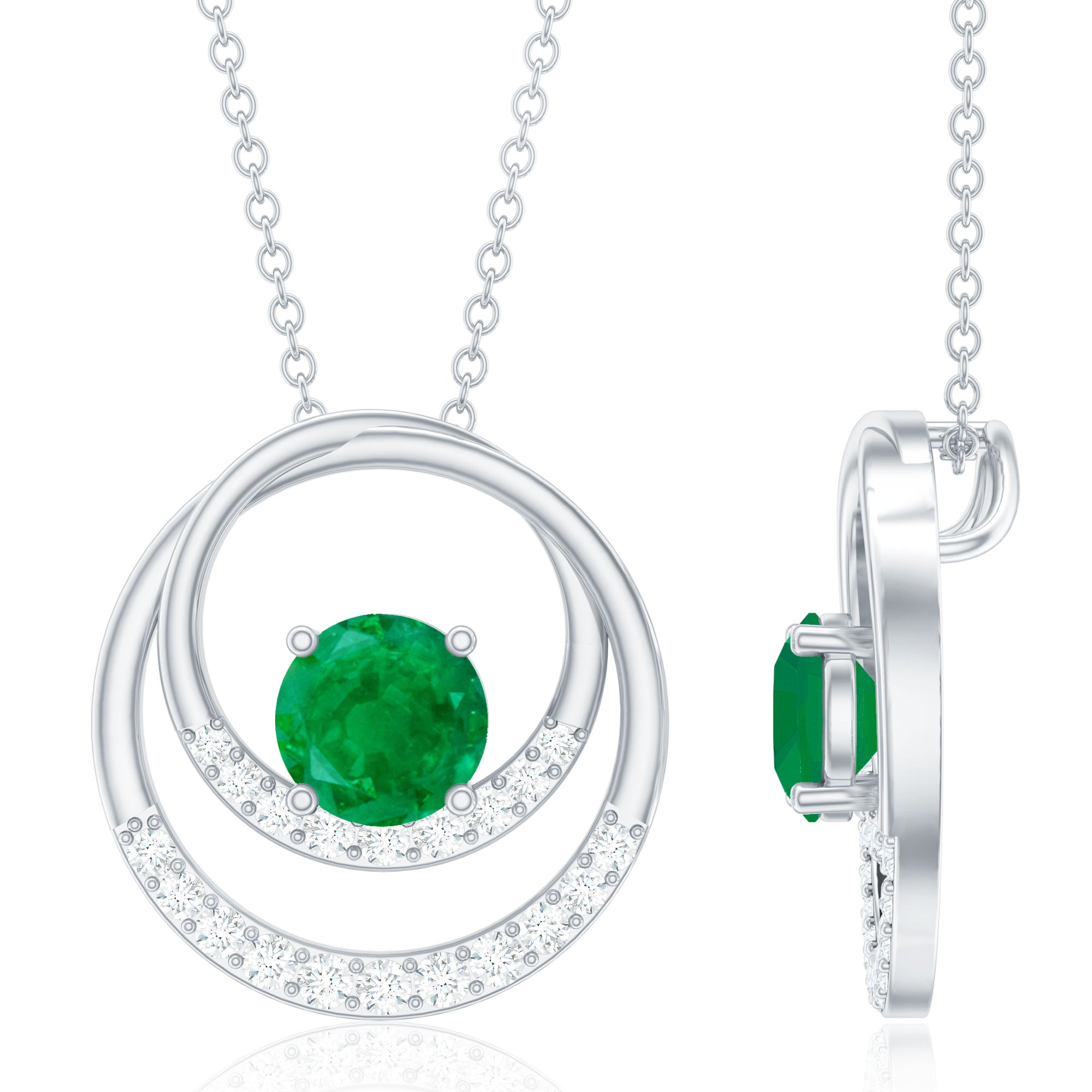 Natural Half Carat Emerald Double Circle Necklace with Diamond