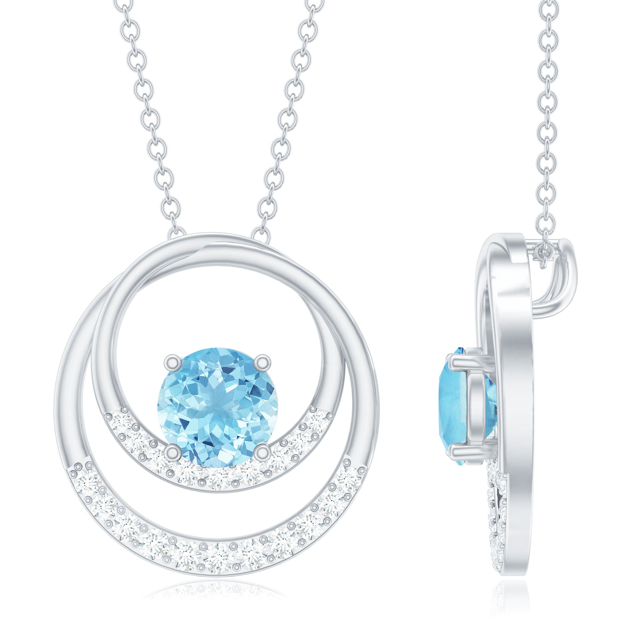 Natural Aquamarine Eternity Circle in Circle Necklace with Diamond