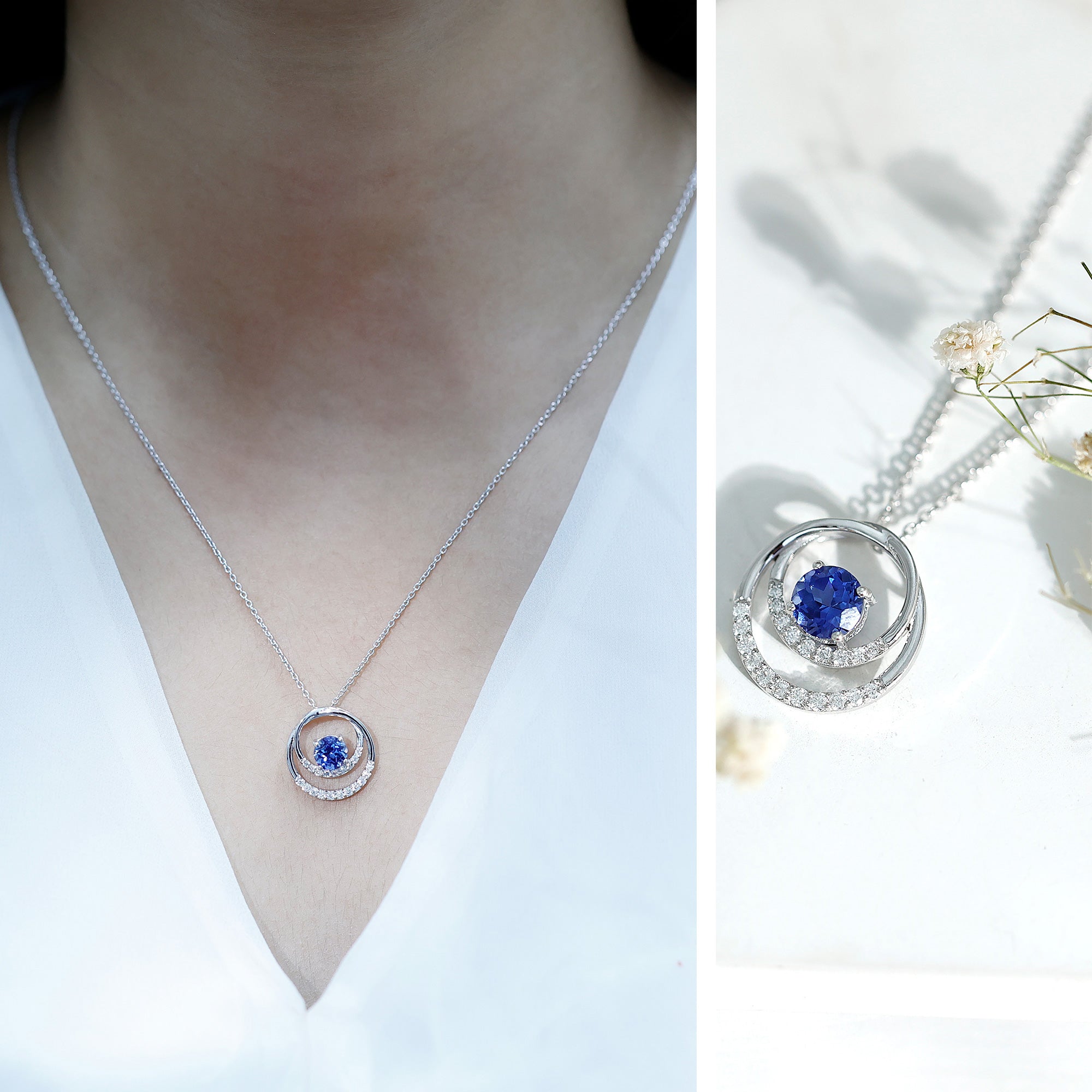 Lab Grown Blue Sapphire and Moissanite Promise Necklace