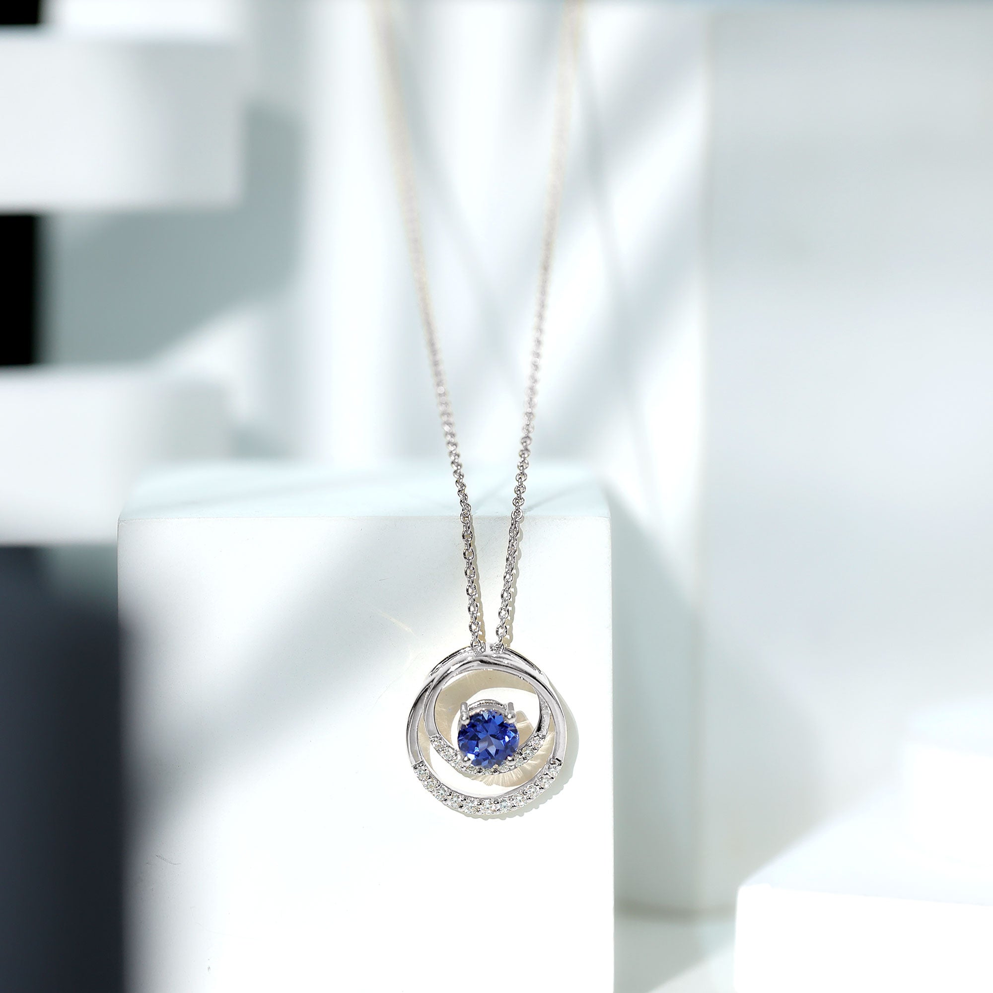 Lab Grown Blue Sapphire and Moissanite Promise Necklace