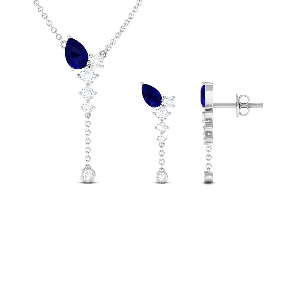 Real Blue Sapphire Diamond Y Necklace and Earrings Set
