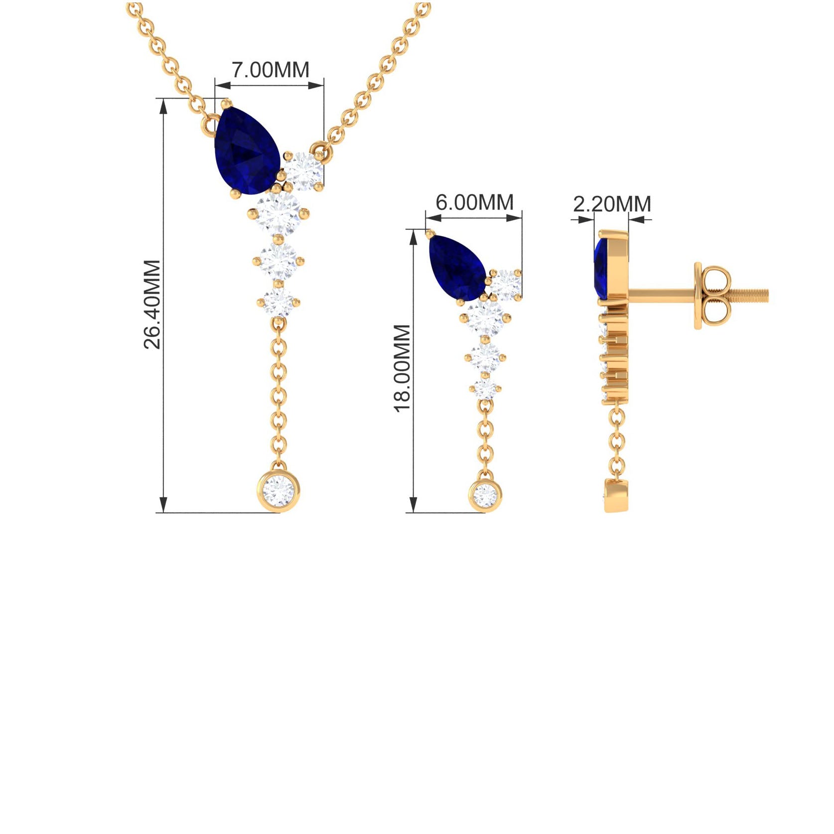 Real Blue Sapphire Diamond Y Necklace and Earrings Set