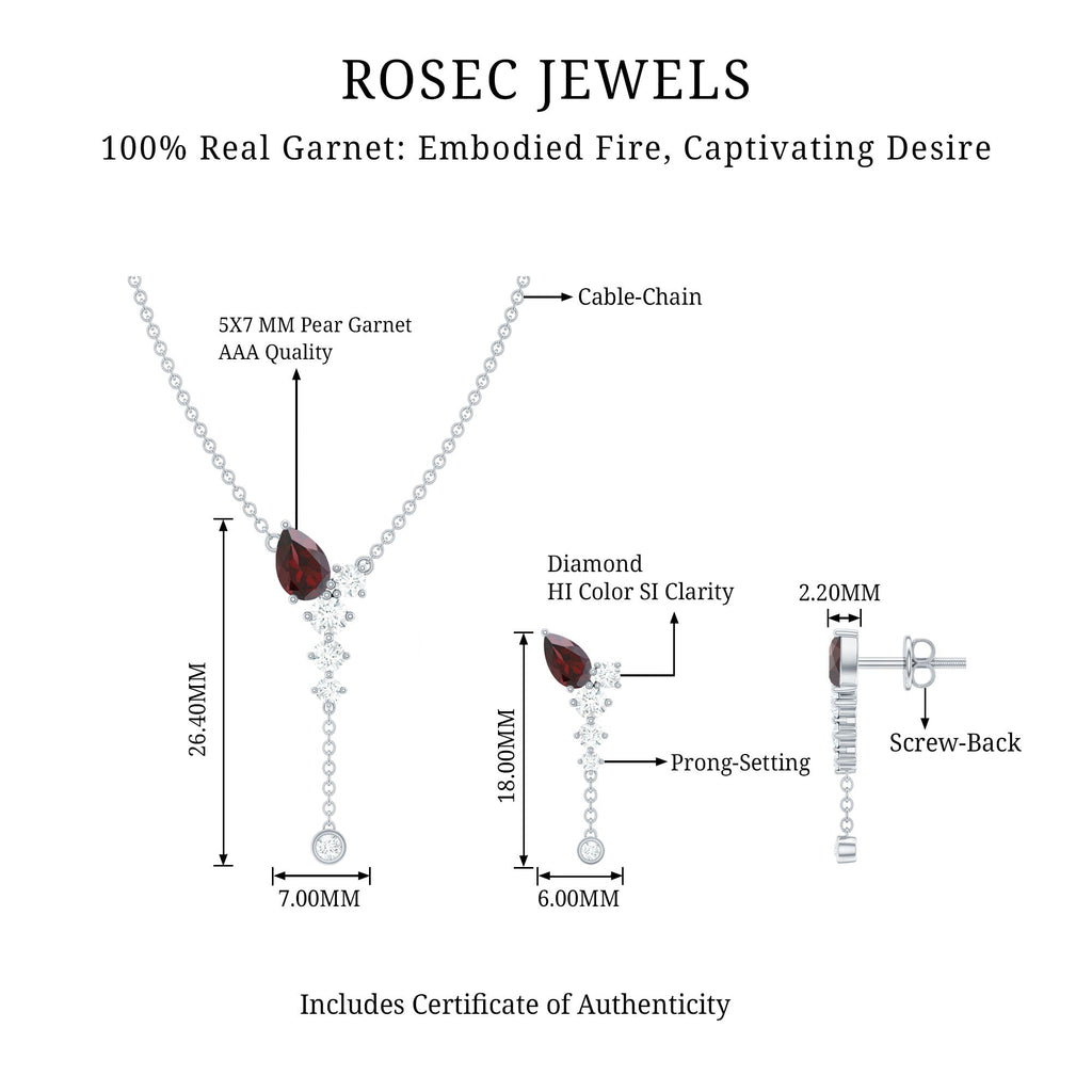 Pear Shape Garnet Dangle Necklace Earrings Set with Diamond