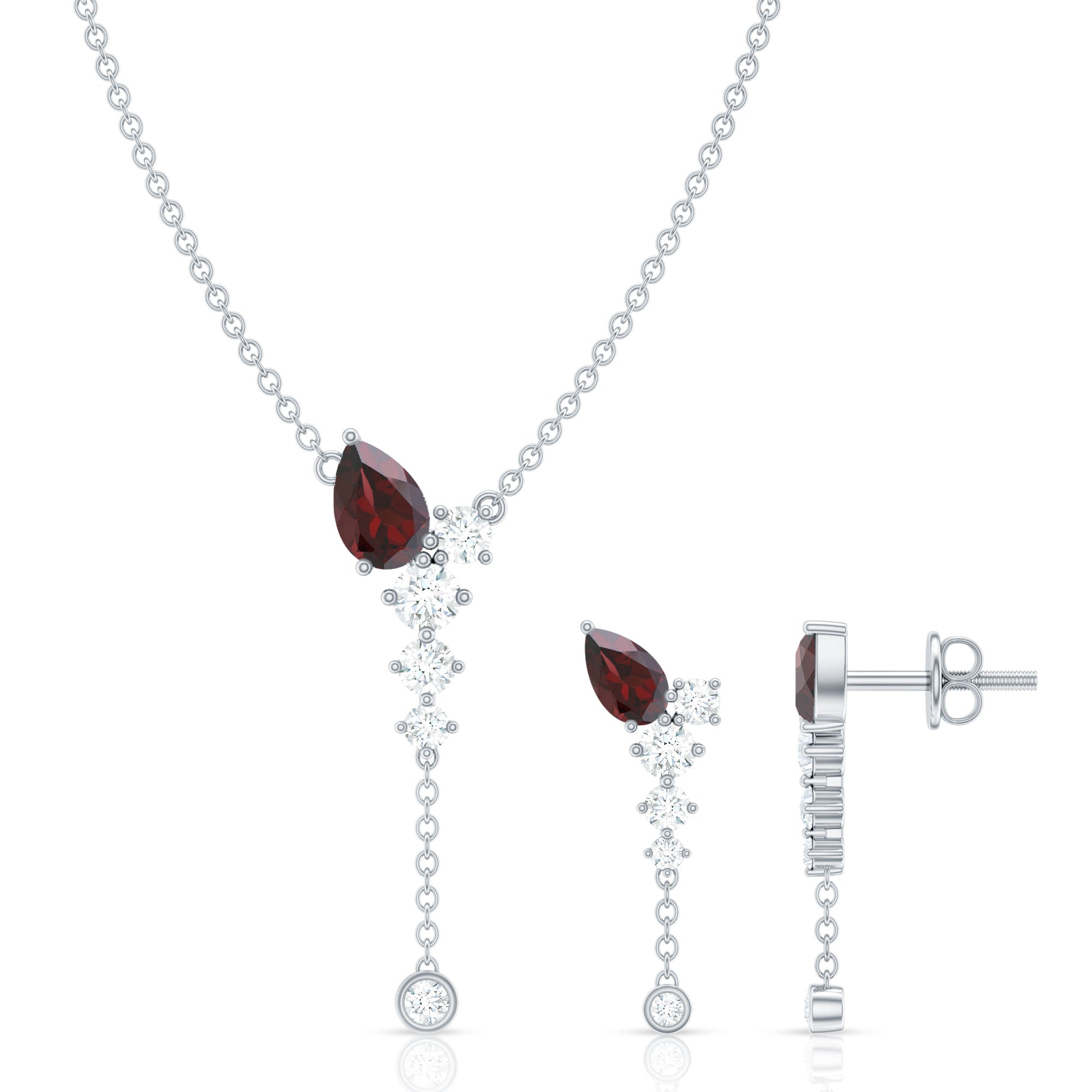 Pear Shape Garnet Dangle Necklace Earrings Set with Diamond
