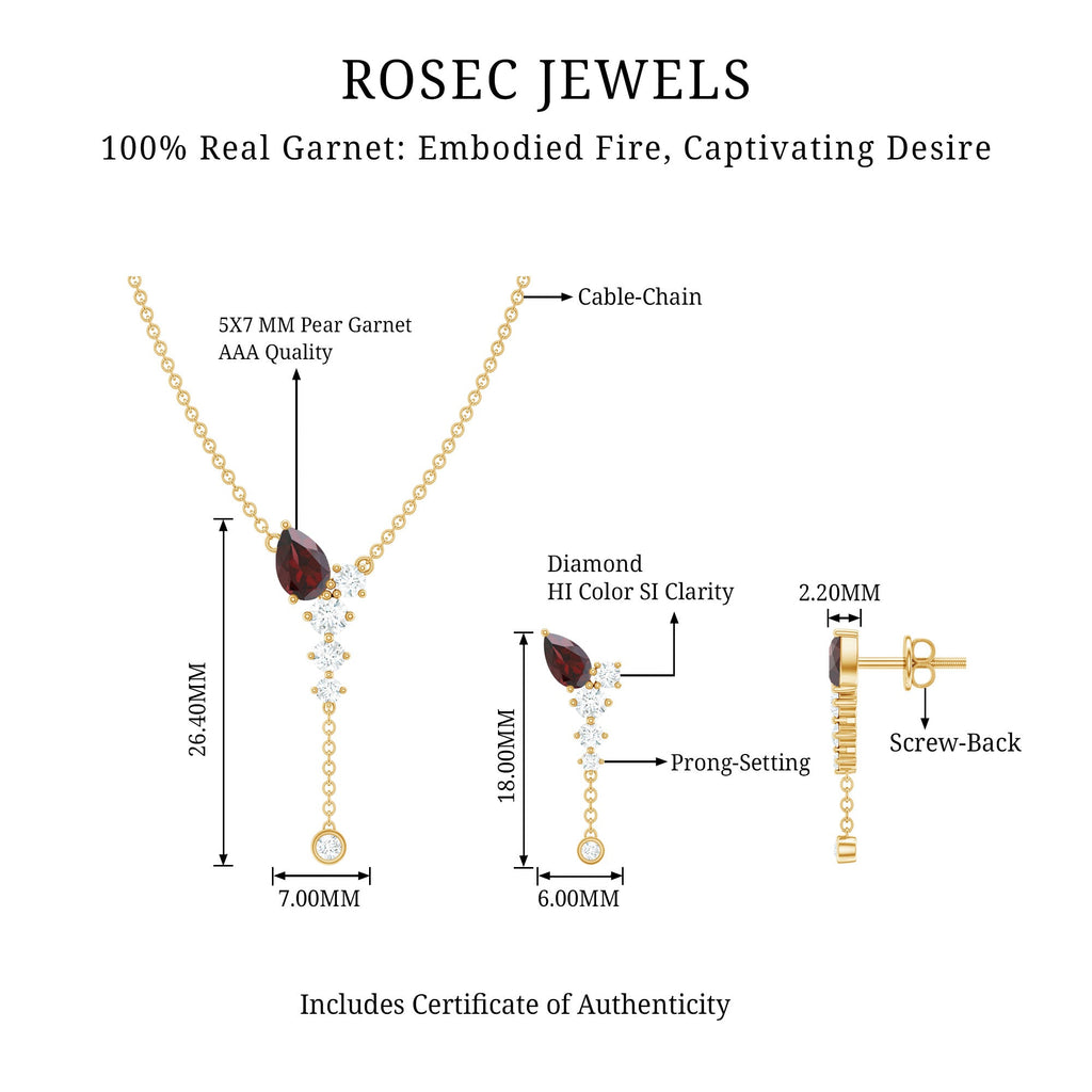 Pear Shape Garnet Dangle Necklace Earrings Set with Diamond