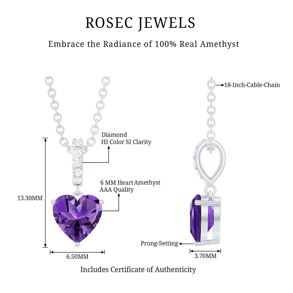 Natural 0.9 Carat Amethyst Solitaire Heart Pendant with Diamond