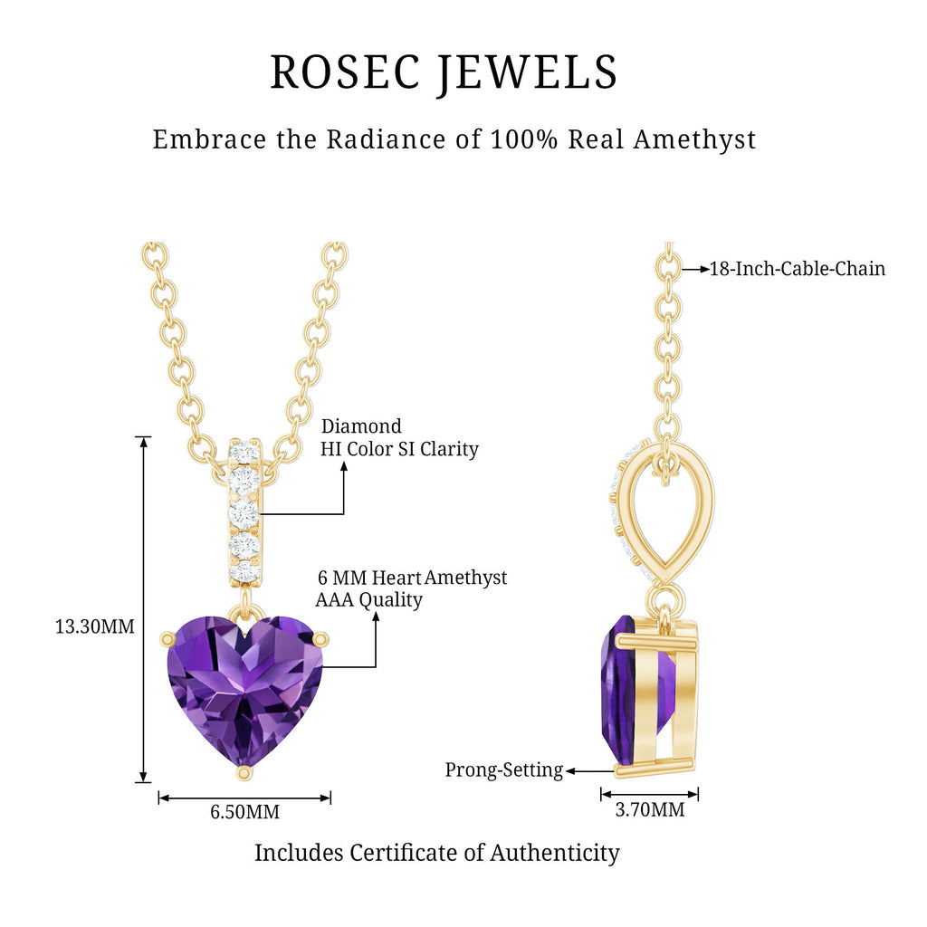Natural 0.9 Carat Amethyst Solitaire Heart Pendant with Diamond