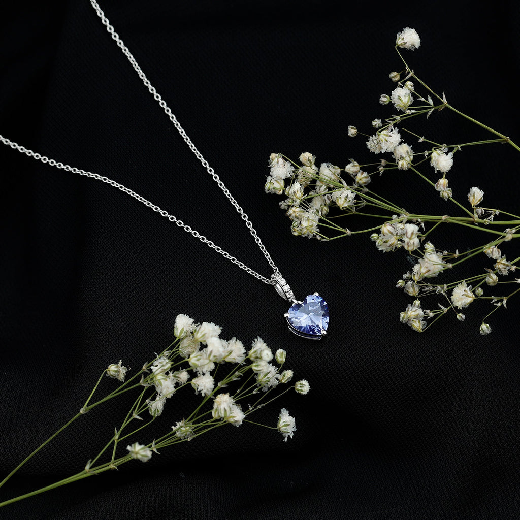2 Carat Heart Shape Lab Created Blue Sapphire Solitaire Pendant with Diamond