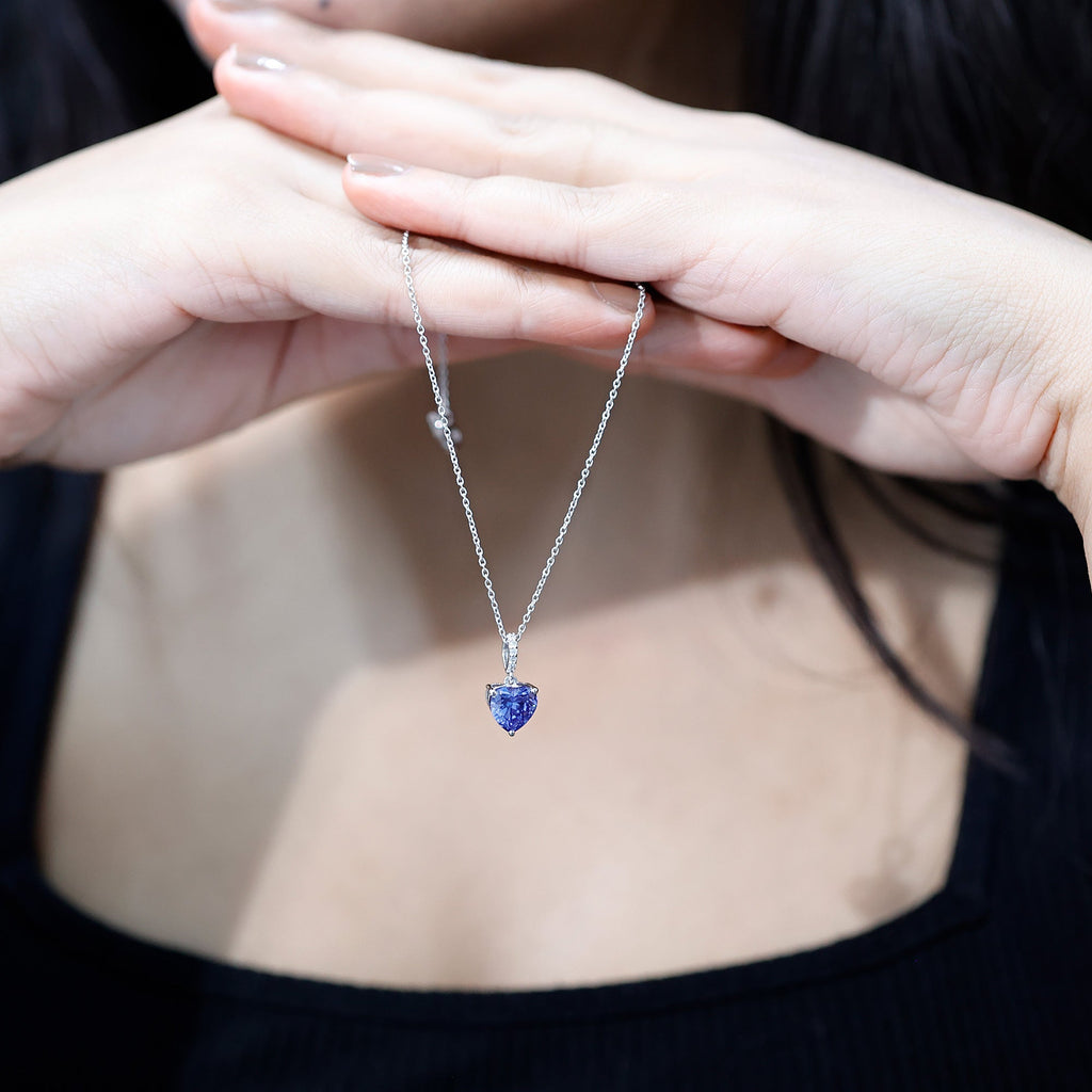 2 Carat Heart Shape Lab Created Blue Sapphire Solitaire Pendant with Diamond