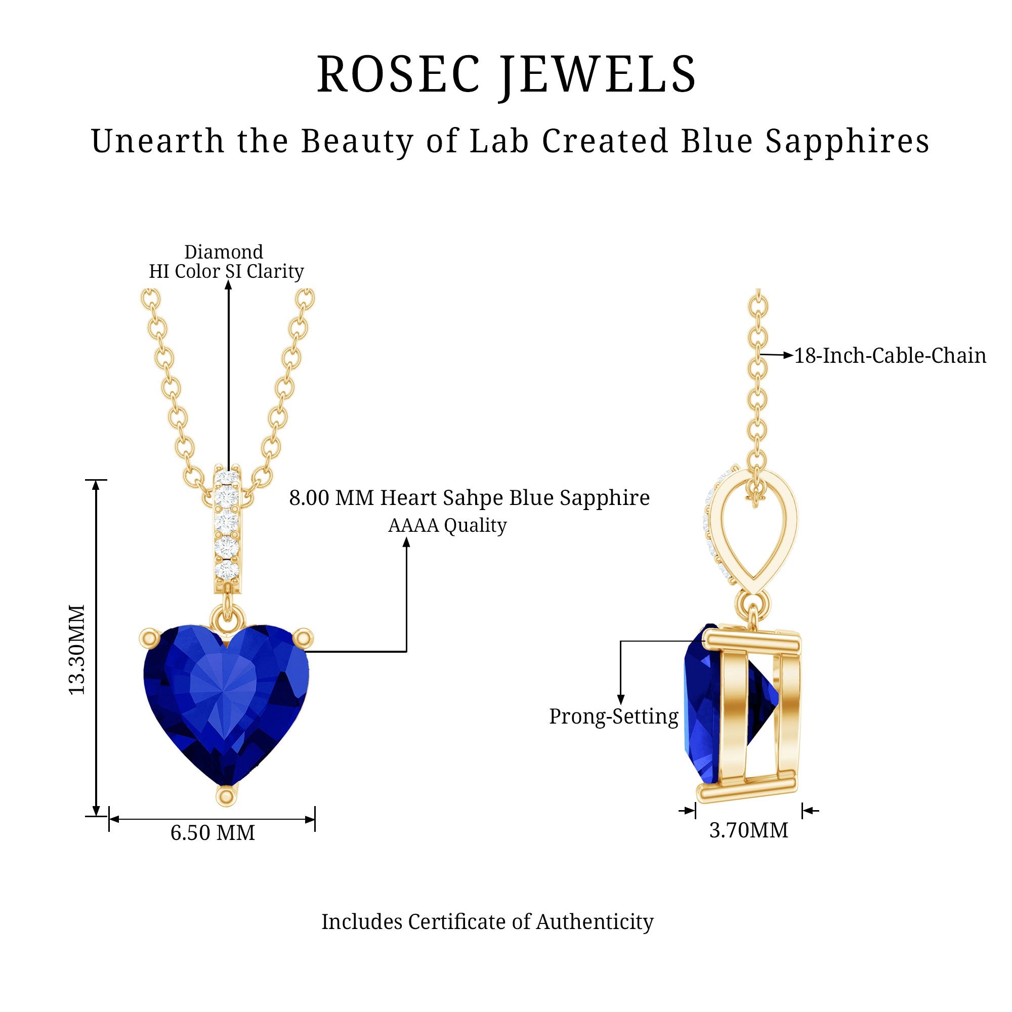 2 Carat Heart Shape Lab Created Blue Sapphire Solitaire Pendant with Diamond