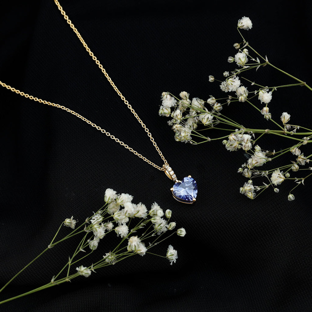 2 Carat Heart Shape Lab Created Blue Sapphire Solitaire Pendant with Diamond