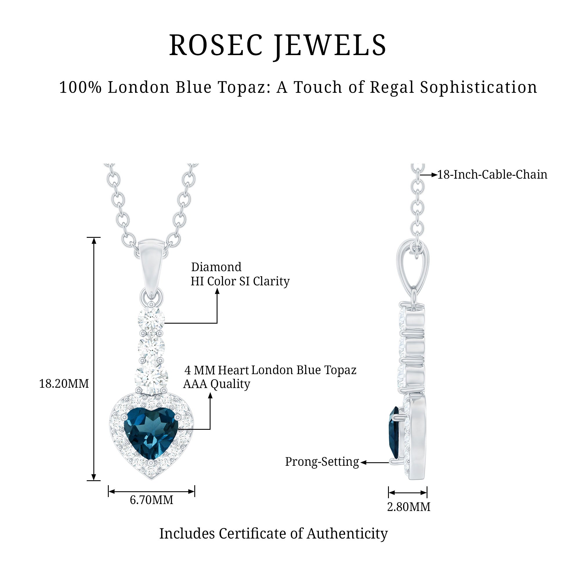 Heart Shape London Blue Topaz Drop Pendant with Diamond