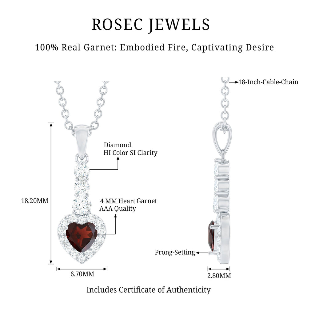 Garnet Heart Drop Pendant with Diamond Halo