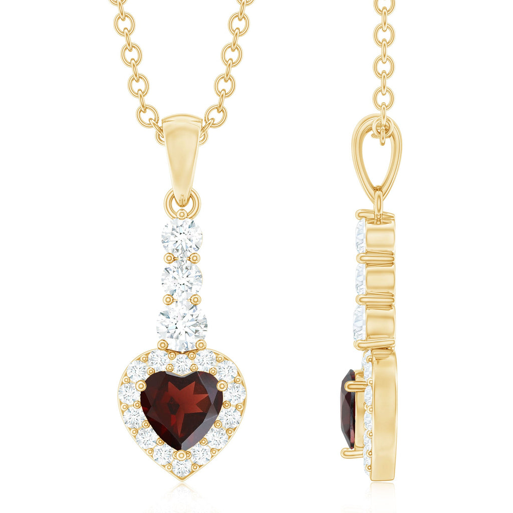 Garnet Heart Drop Pendant with Diamond Halo
