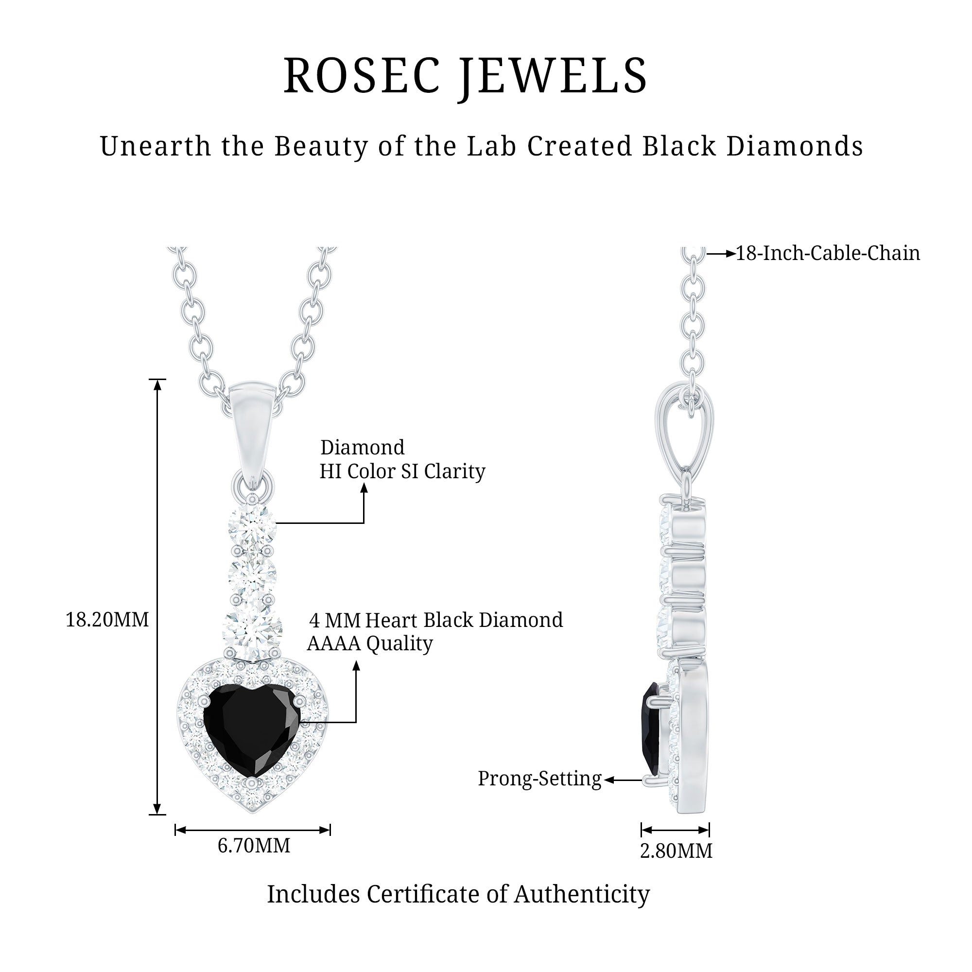 Lab Created Black Diamond Heart Necklace with White Diamond