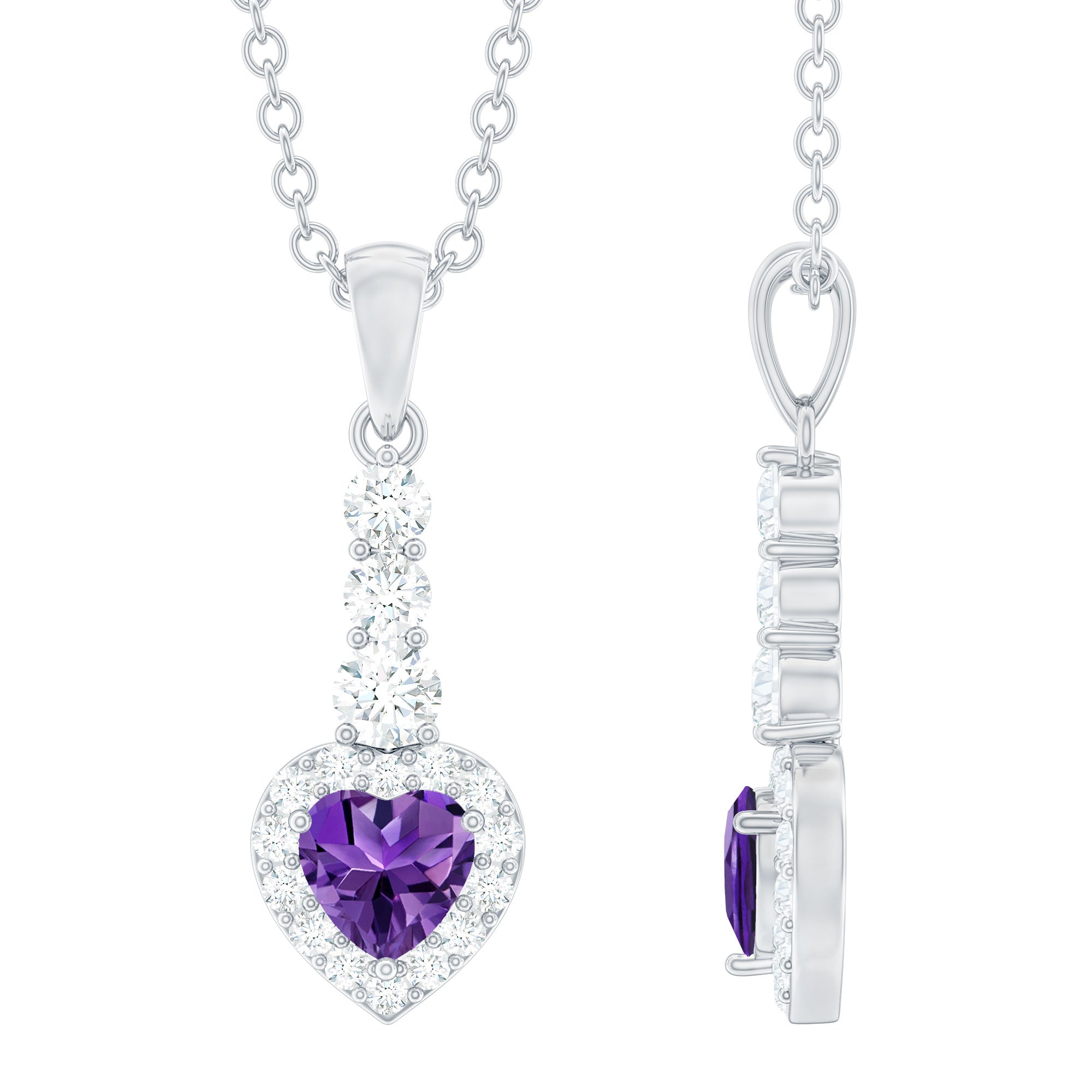 Natural Amethyst Heart Pendant Necklace with Diamond Halo