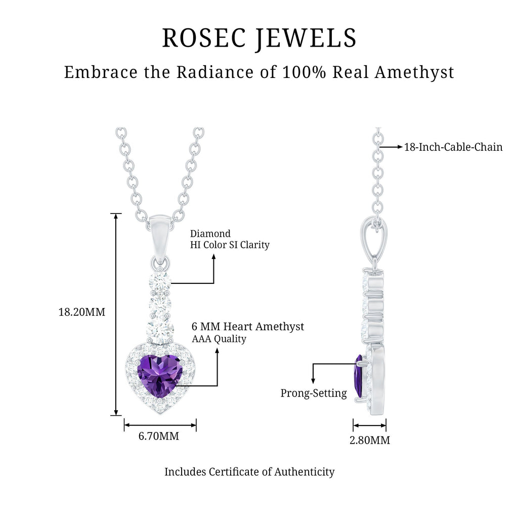 Natural Amethyst Heart Pendant Necklace with Diamond Halo