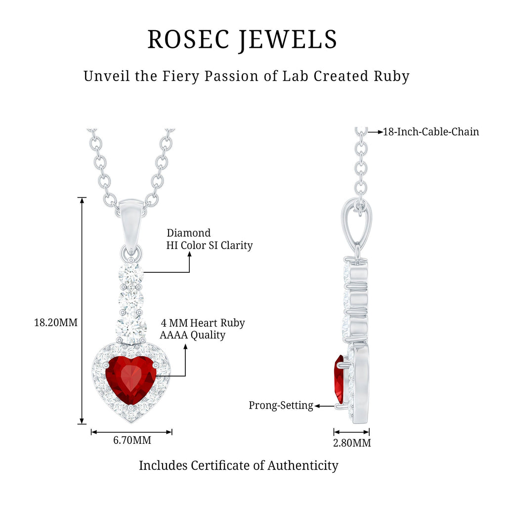 Heart Shape Created Ruby and Diamond Dangle Pendant