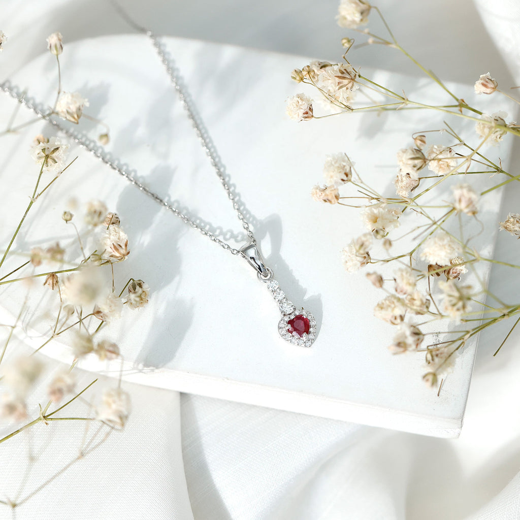 Natural Heart Shape Ruby and Diamond Drop Pendant Necklace