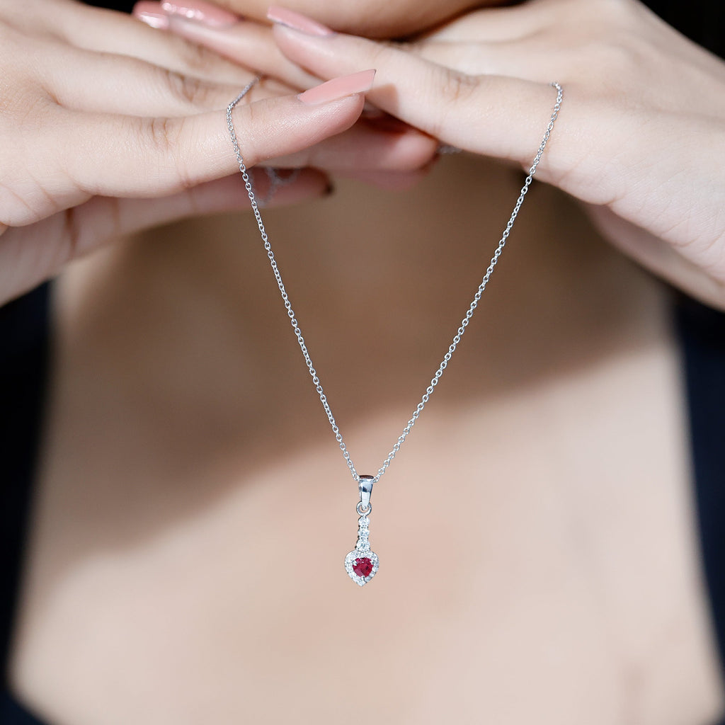 Natural Heart Shape Ruby and Diamond Drop Pendant Necklace