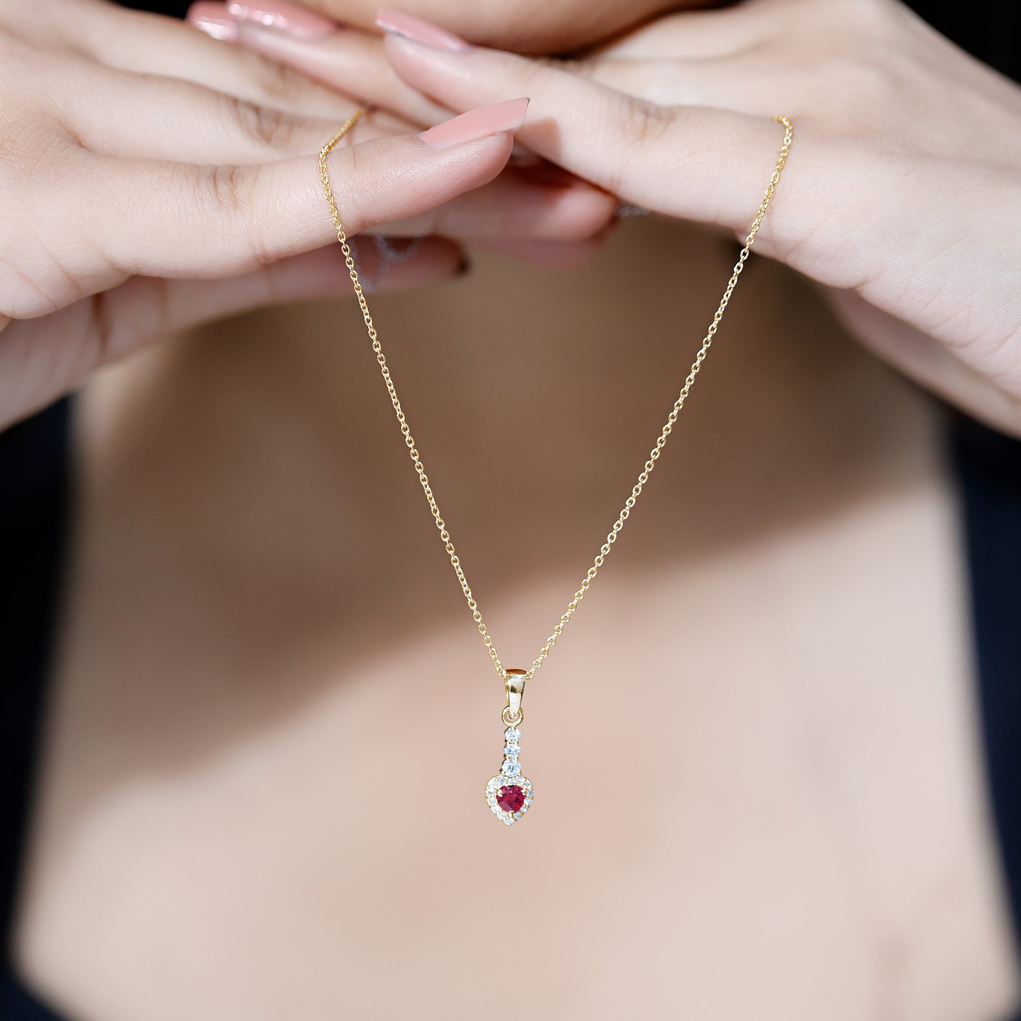 Natural Heart Shape Ruby and Diamond Drop Pendant Necklace