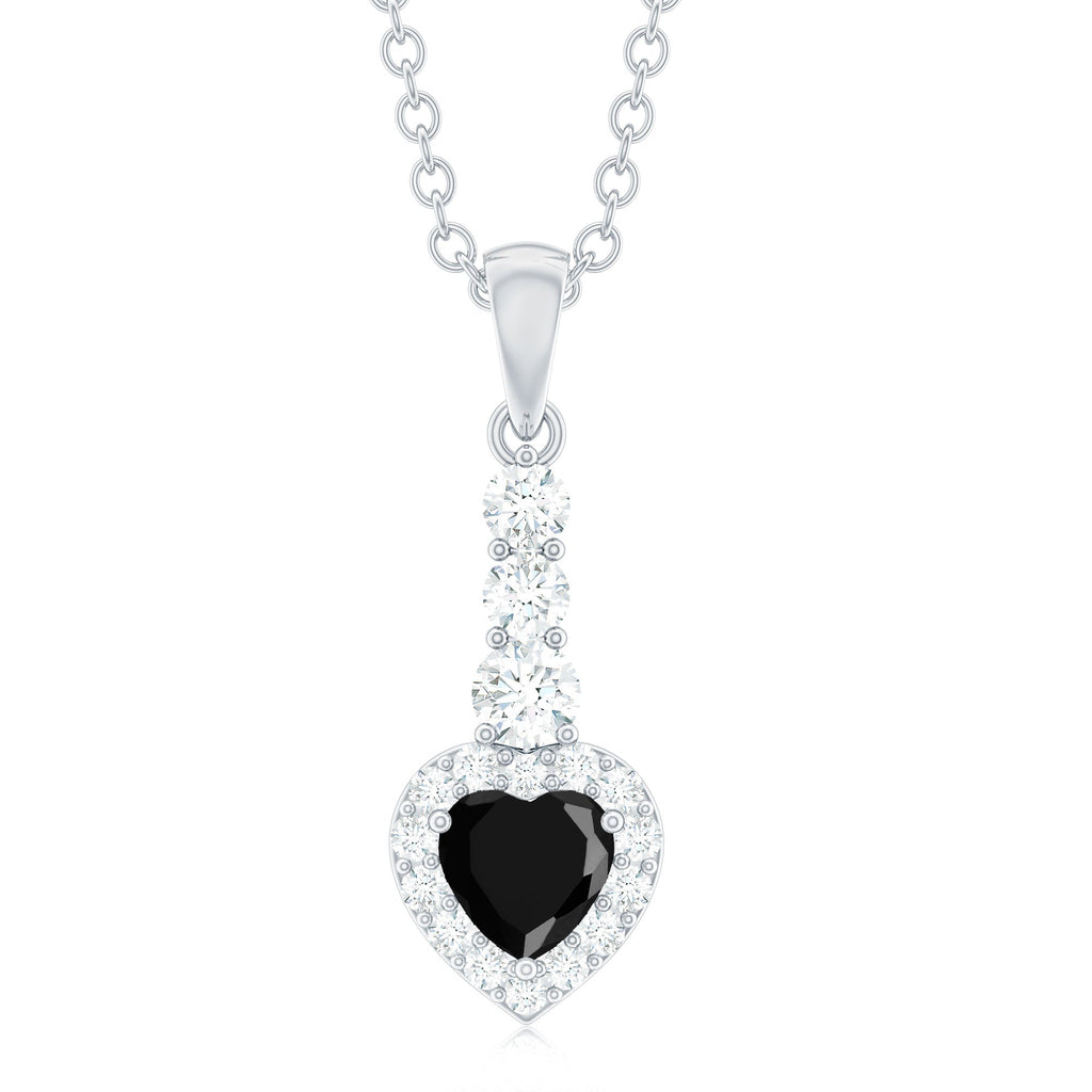 Natural Black Spinel Heart Pendant Necklace with Diamond Halo