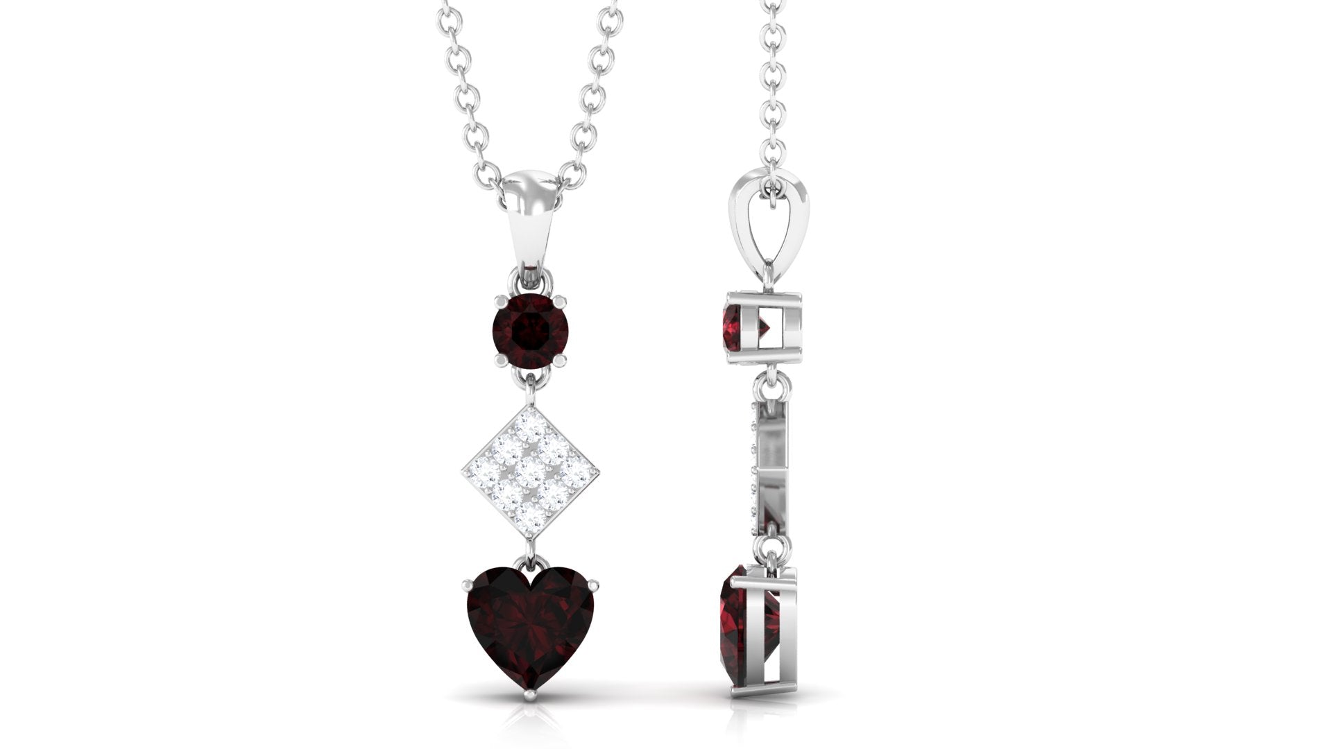 Round and Heart Shape Garnet and Diamond Drop Pendant Necklace