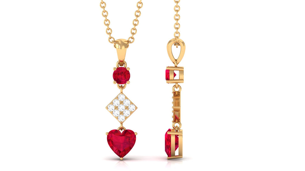 Round and Heart Shape Created Ruby Dangle Pendant with Diamond