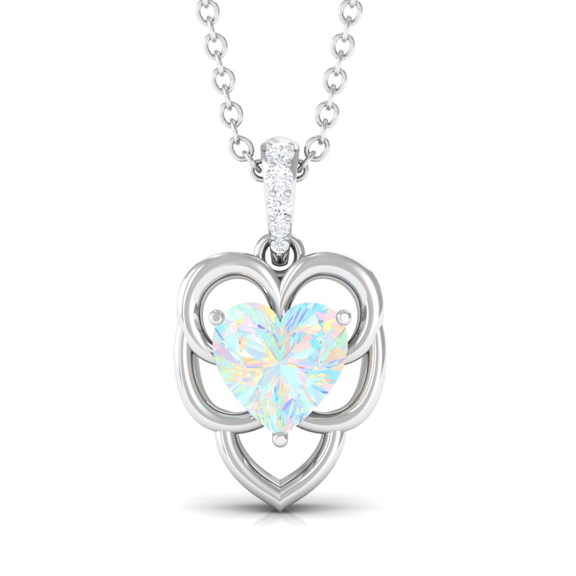 Natural Rainbow Opal Heart Pendant Necklace with Diamond