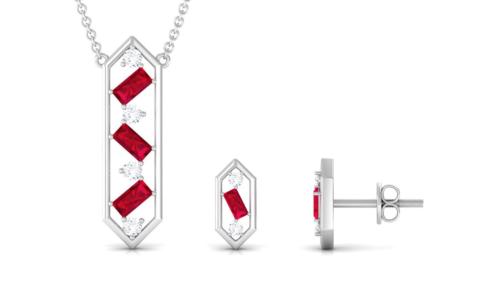 Contemporary Created Ruby and Diamond Dangle Jewelry Set