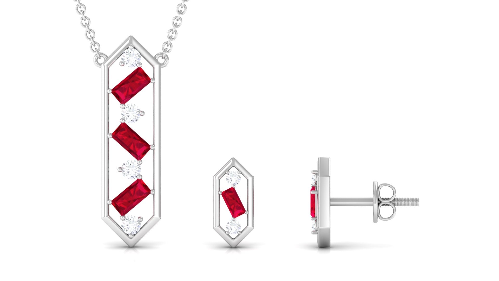 Contemporary Created Ruby and Diamond Dangle Jewelry Set