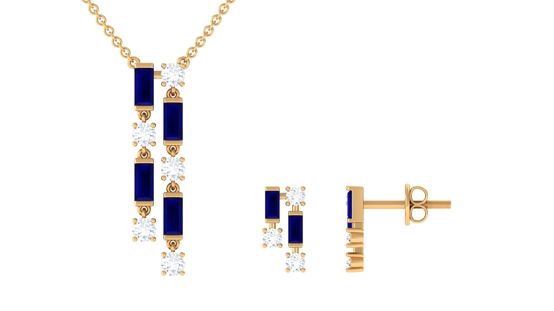 Natural Baguette Blue Sapphire Diamond Necklace and Earrings Set