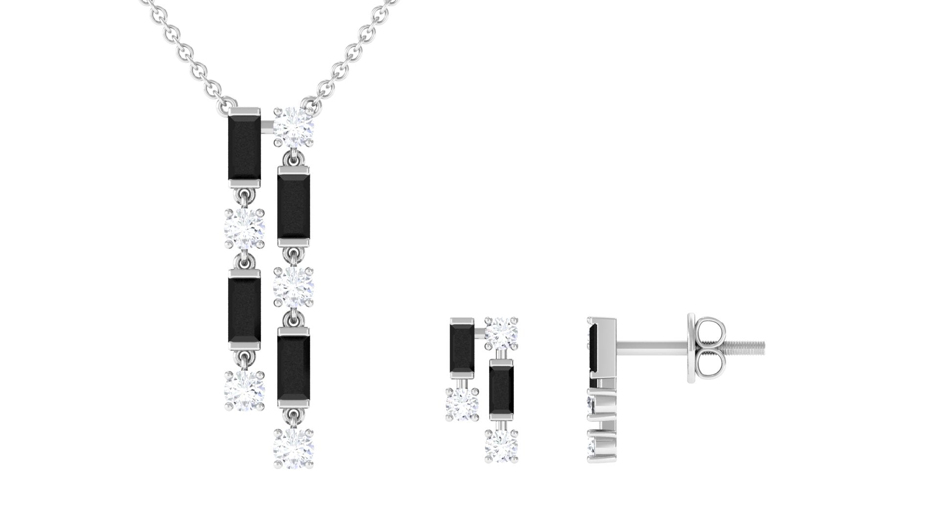 Real Baguette Shape Black Spinel Jewelry Set with Diamond
