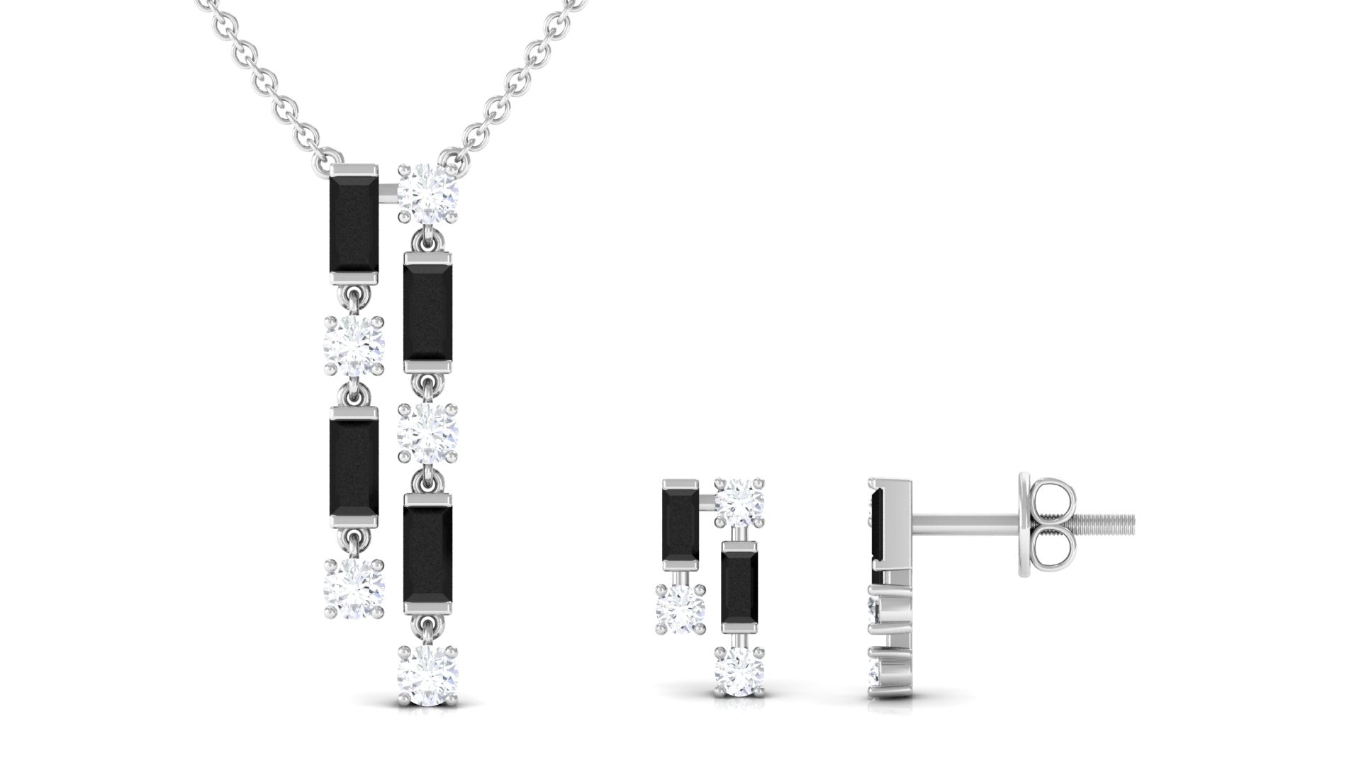 Real Baguette Shape Black Spinel Jewelry Set with Diamond