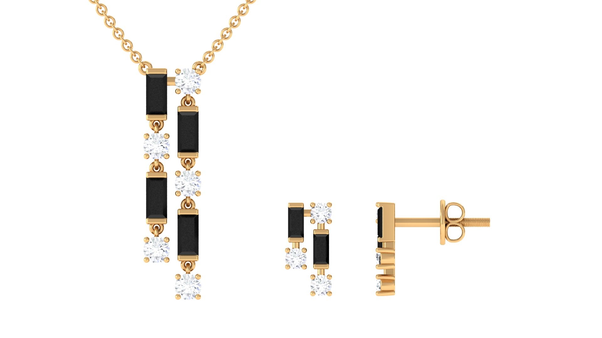 Real Baguette Shape Black Spinel Jewelry Set with Diamond