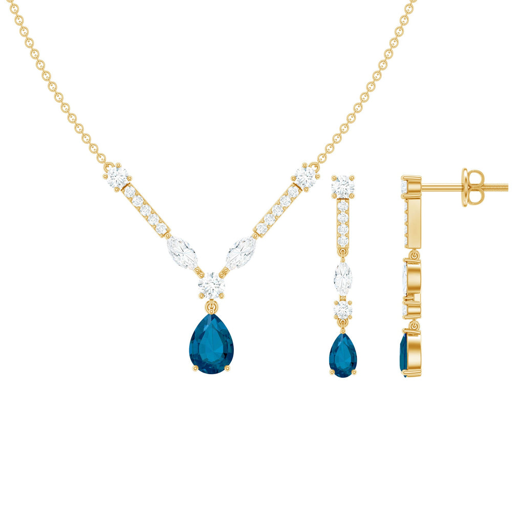 Pear Shape London Blue Topaz and Moissanite Wedding Necklace Earrings Set