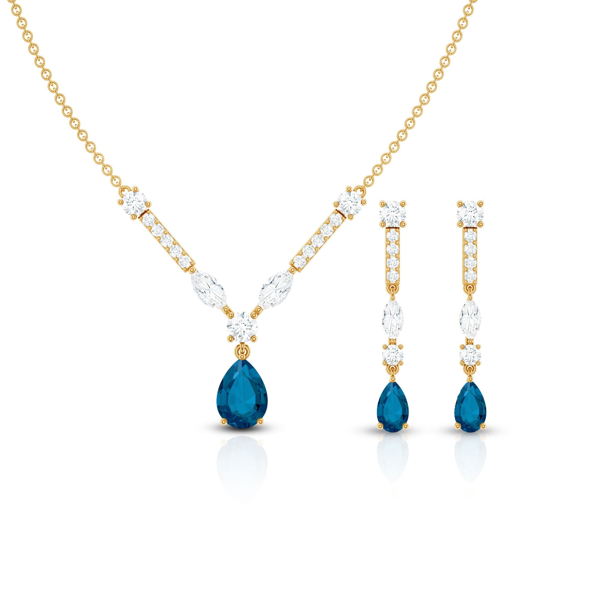Pear Shape London Blue Topaz and Moissanite Wedding Necklace Earrings Set