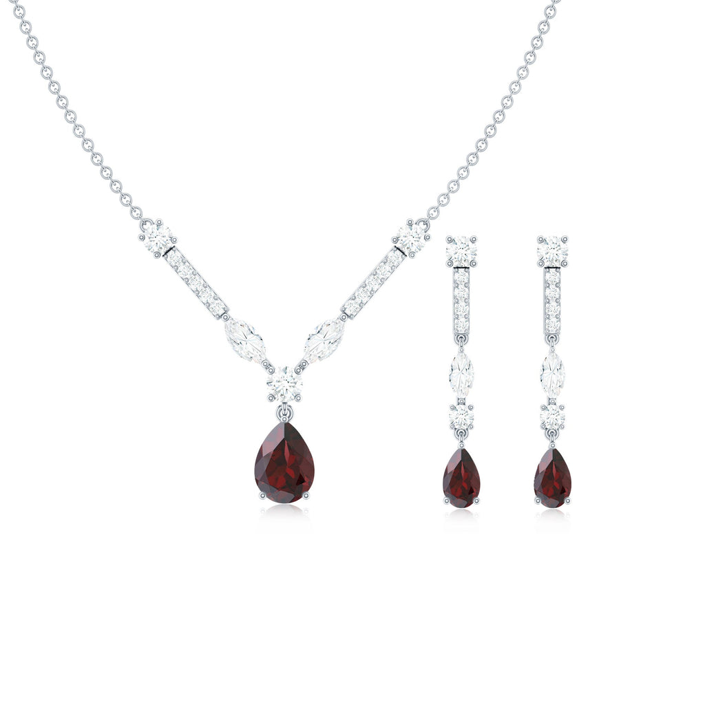 Garnet Drop & Dangle Necklace and Earrings Set with Moissanite