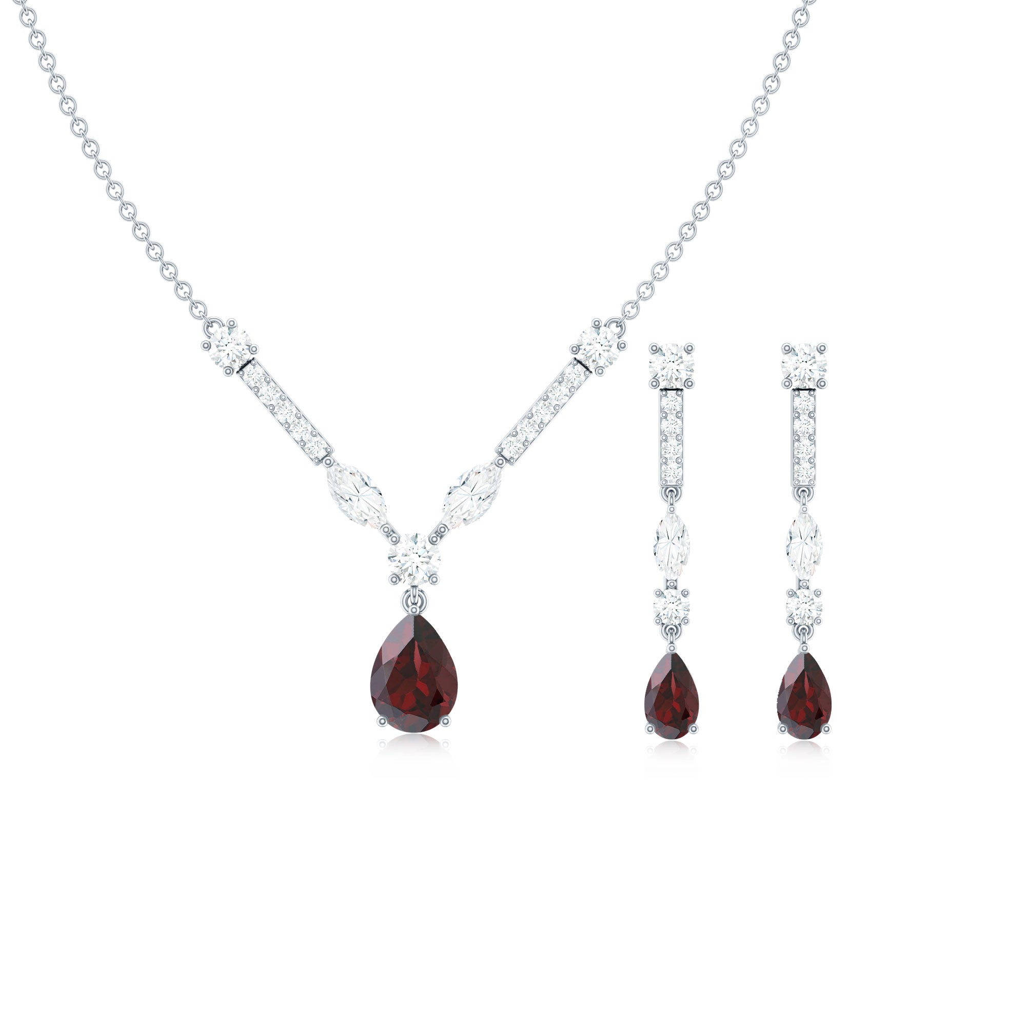 Garnet Drop & Dangle Necklace and Earrings Set with Moissanite