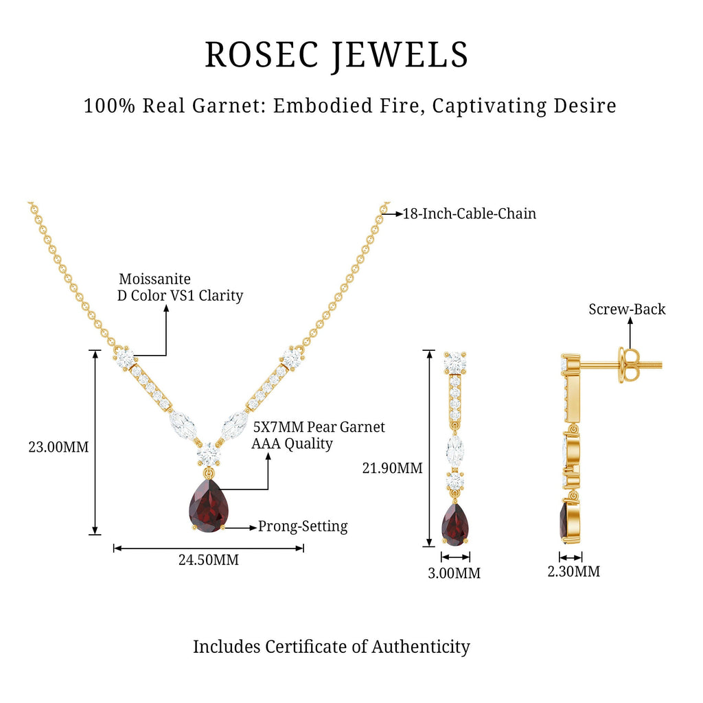Garnet Drop & Dangle Necklace and Earrings Set with Moissanite