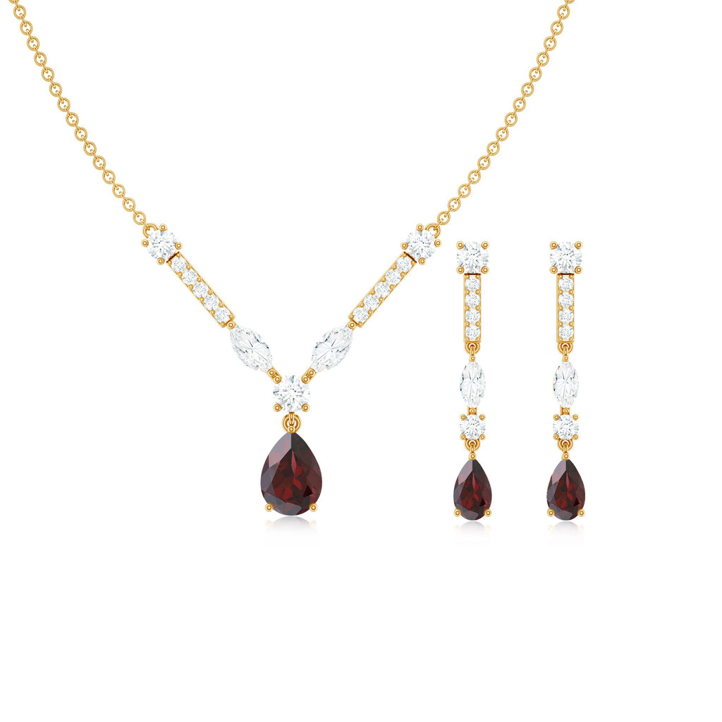 Garnet Drop & Dangle Necklace and Earrings Set with Moissanite