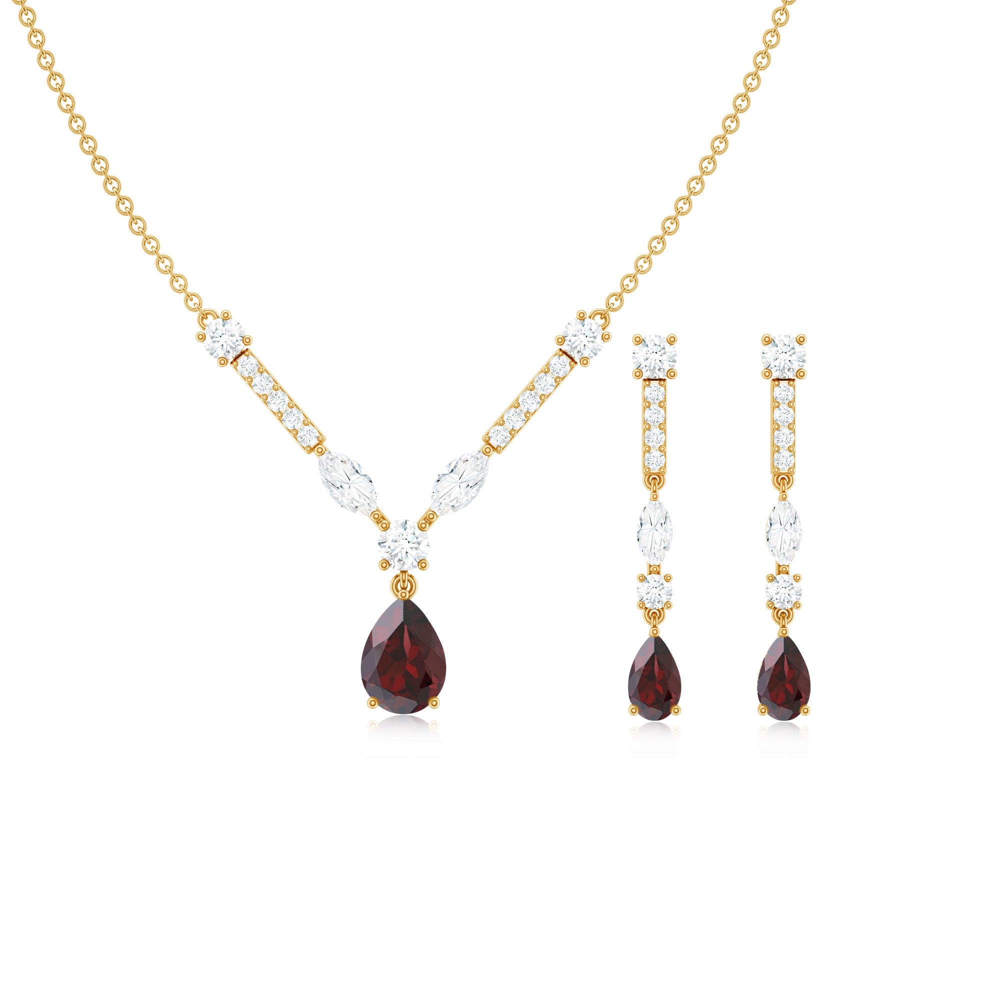 Garnet Drop & Dangle Necklace and Earrings Set with Moissanite