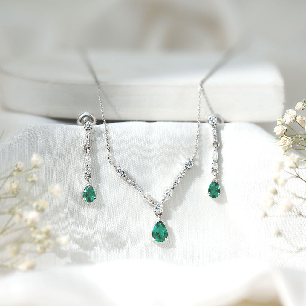 Lab Created Emerald and Moissanite Bridal Necklace Earrings Set