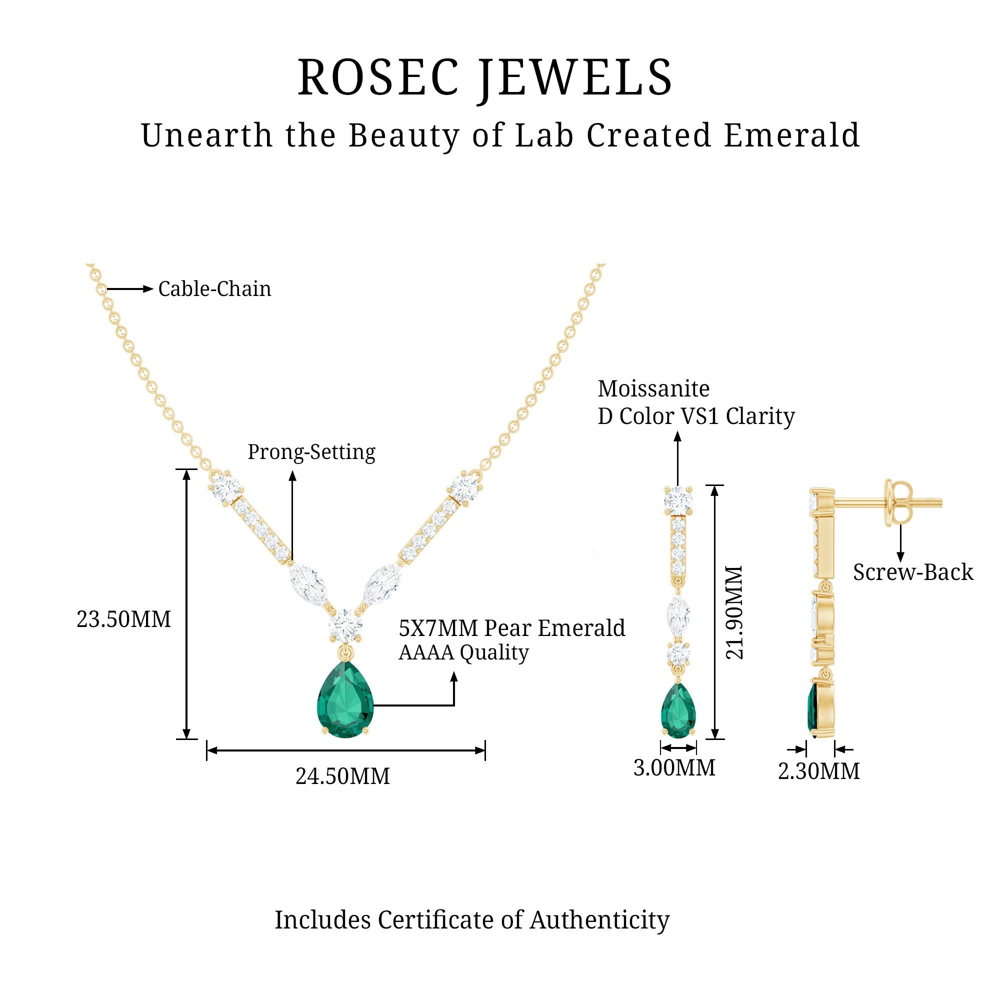 Lab Created Emerald and Moissanite Bridal Necklace Earrings Set