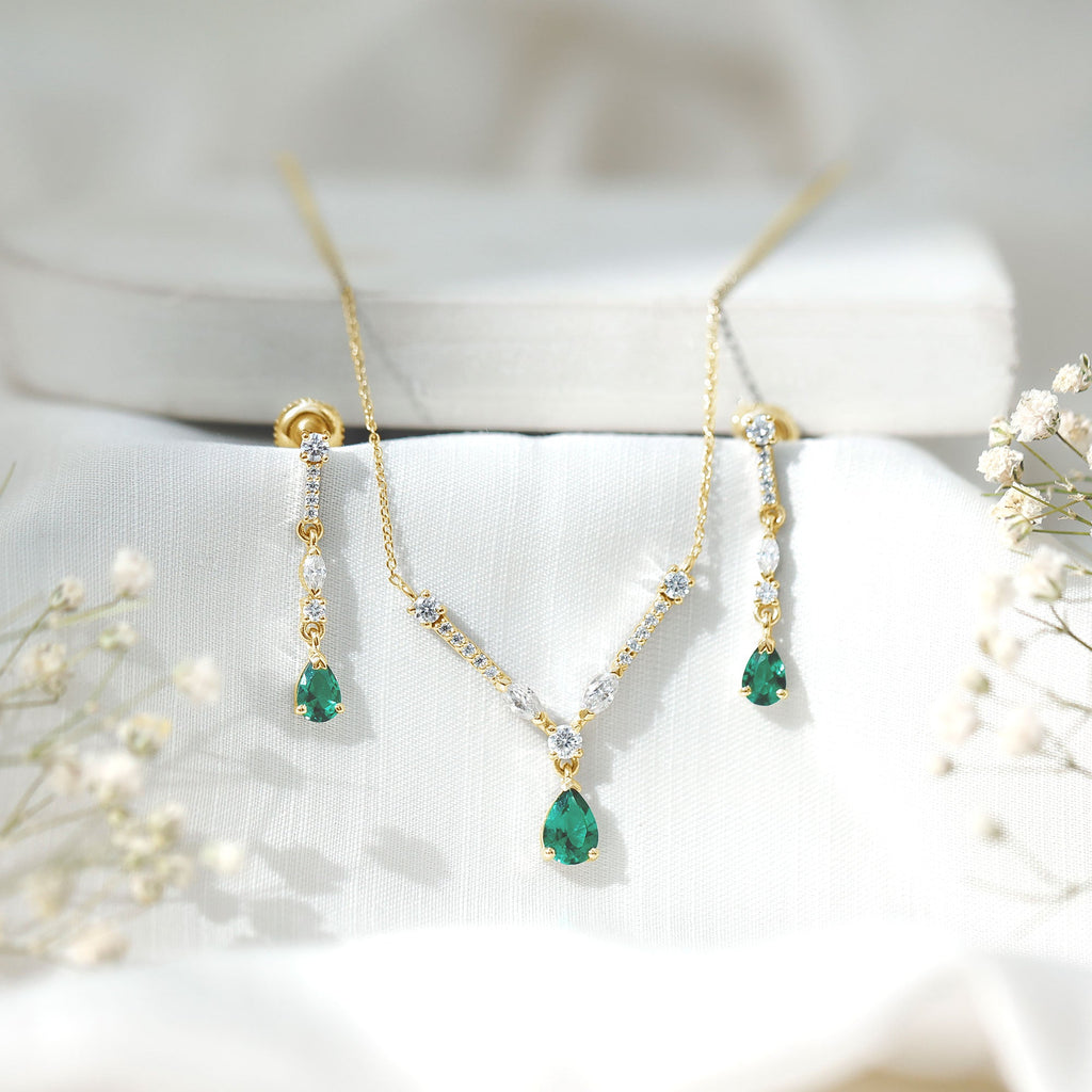 Lab Created Emerald and Moissanite Bridal Necklace Earrings Set