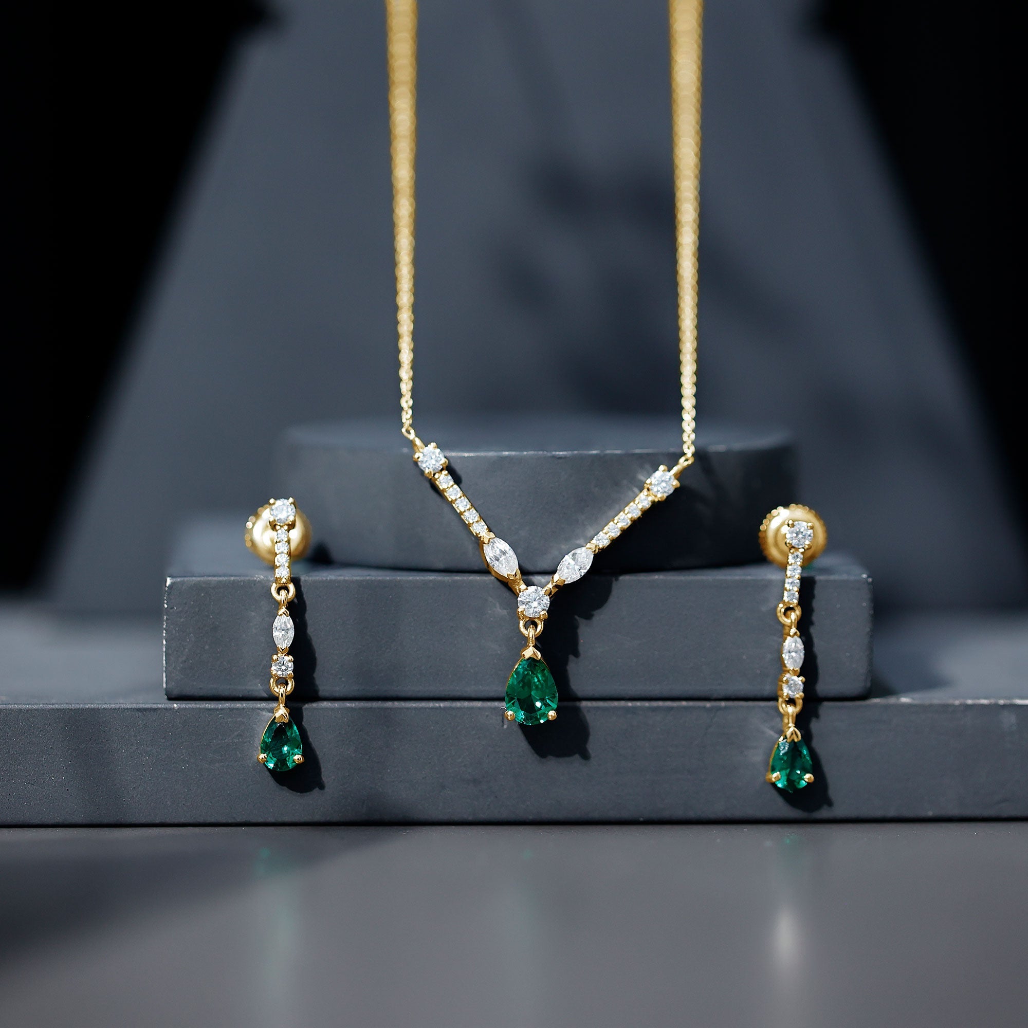 Lab Created Emerald and Moissanite Bridal Necklace Earrings Set