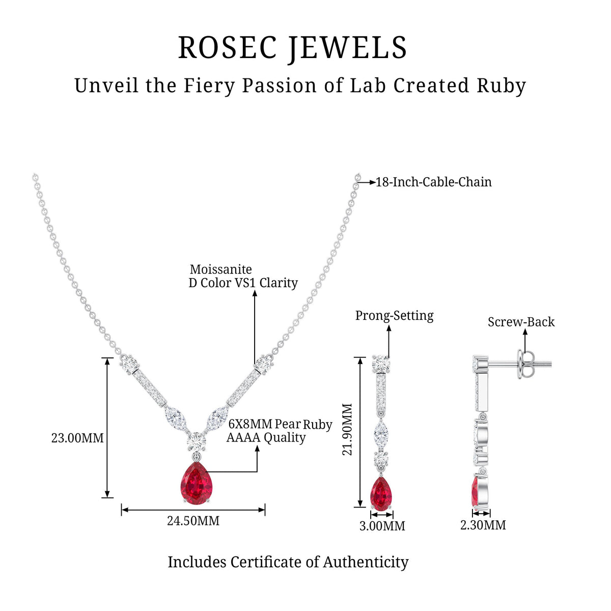 Lab Created Ruby and Moissanite Teardrop Necklace Earrings Set