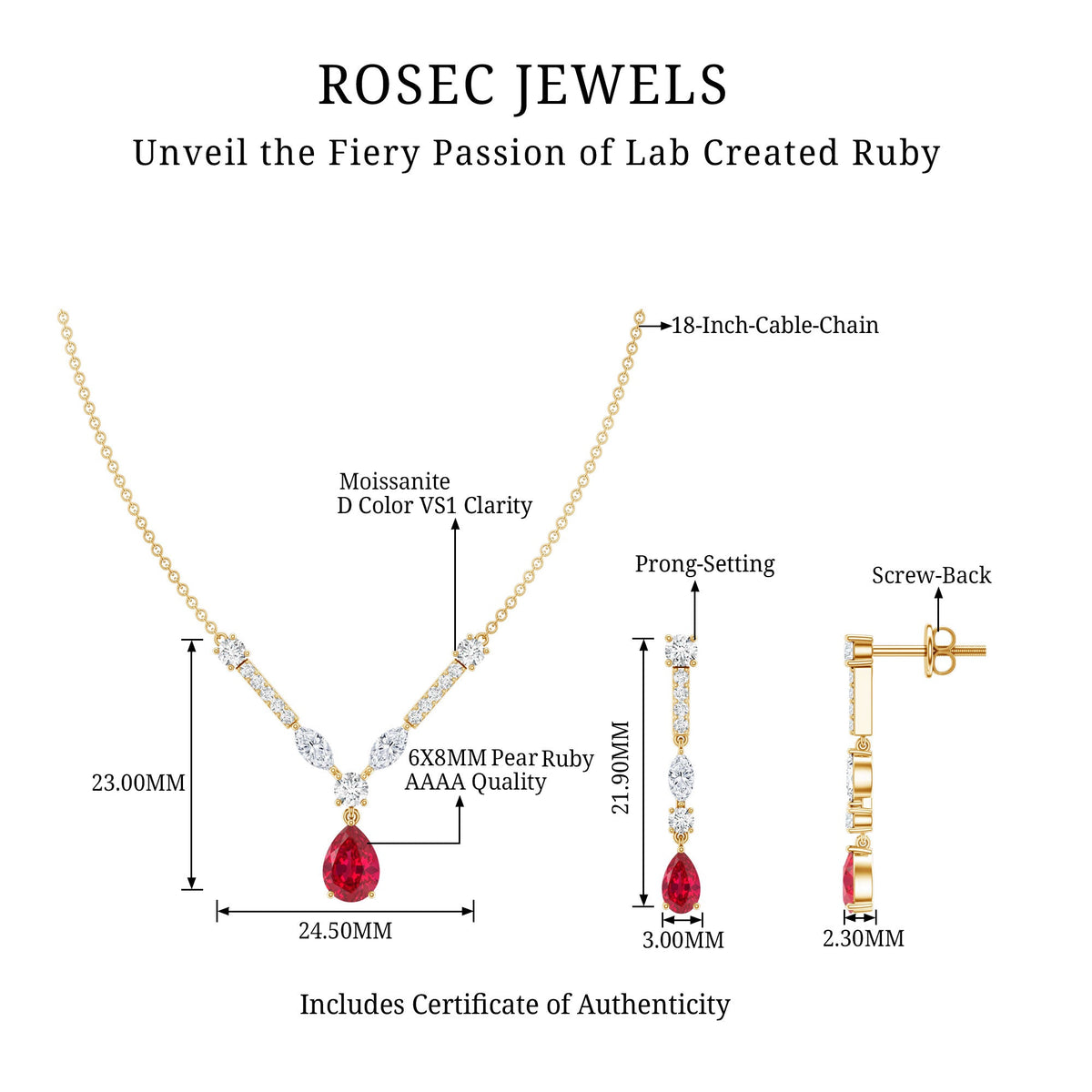 Lab Created Ruby and Moissanite Teardrop Necklace Earrings Set