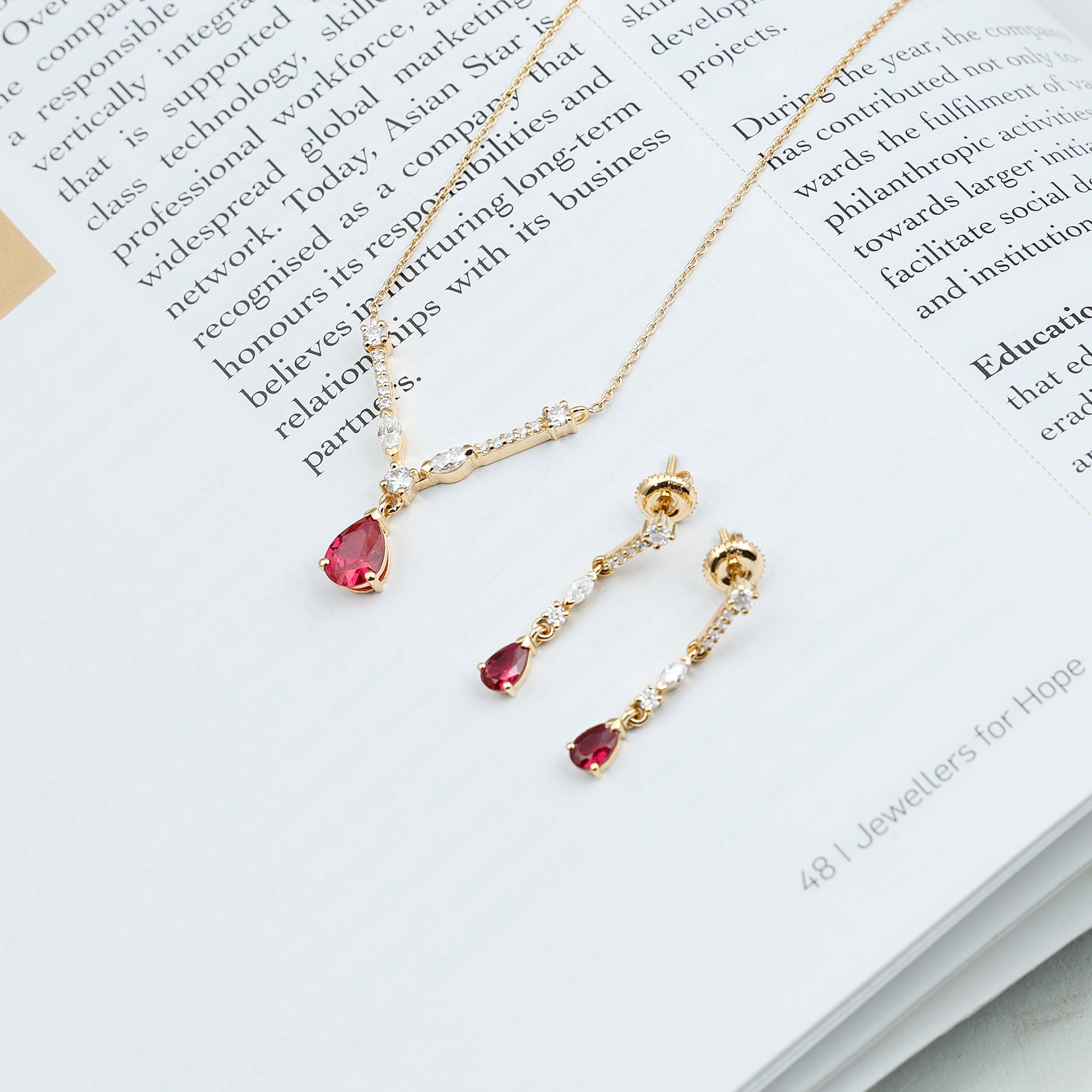 Lab Created Ruby and Moissanite Teardrop Necklace Earrings Set