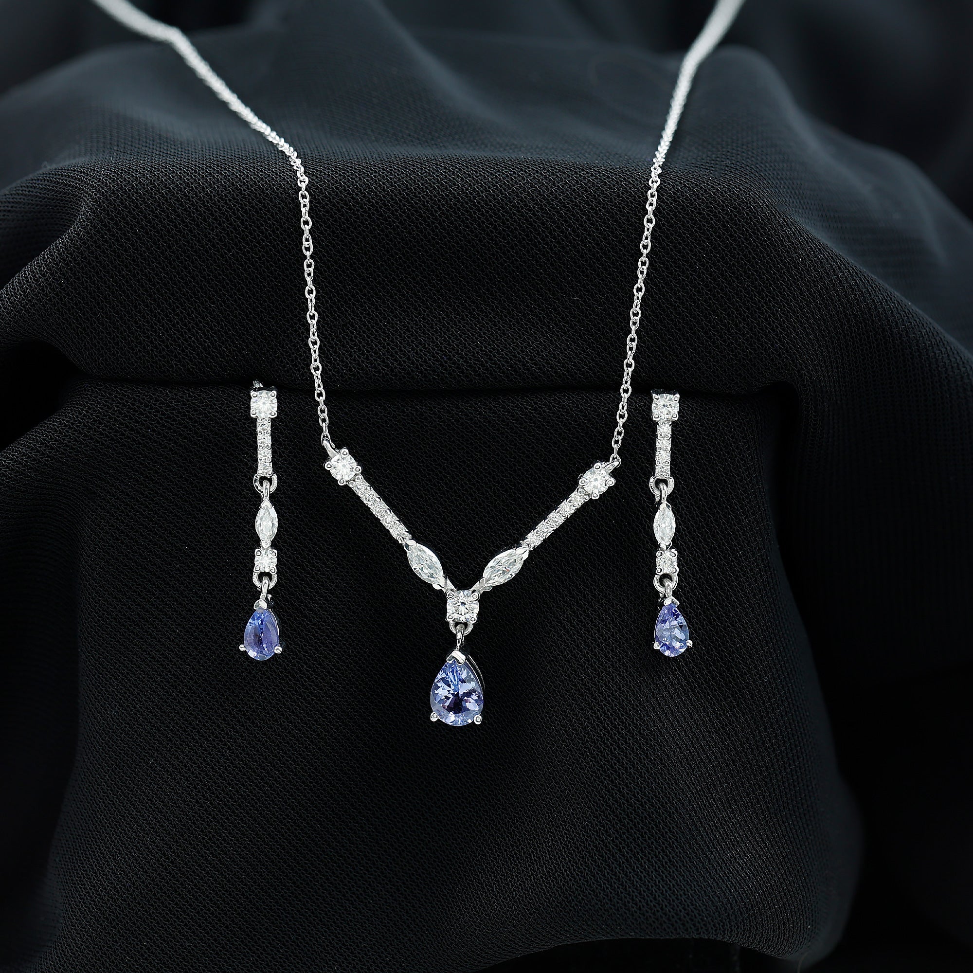 Tanzanite and Moissanite Drop Necklace Earrings Set